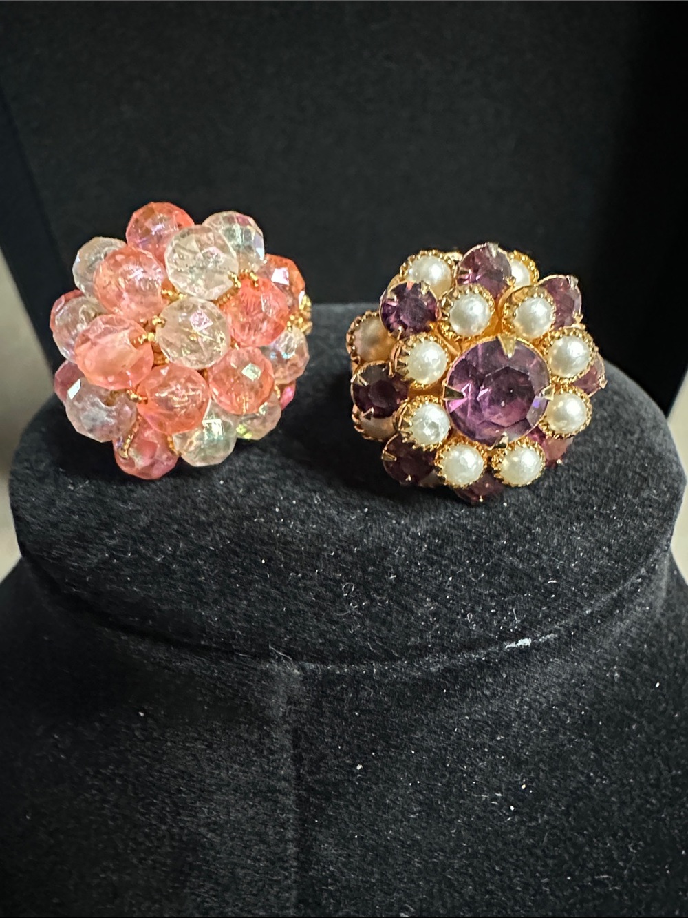 Vintage 1970s Crochet Cocktail Ring Lot-Pink Cluster & Purple Rhinestone Flower